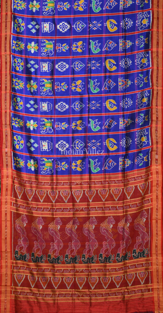 Royal Blue Red Nabakothi Odisha Ikat Khandua Silk Saree with Nartaki Anchal