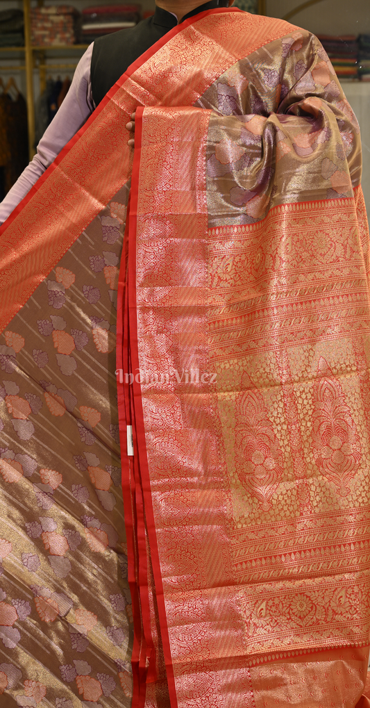 Brown Golden Floral Pure Kanjivaram Silk Saree 