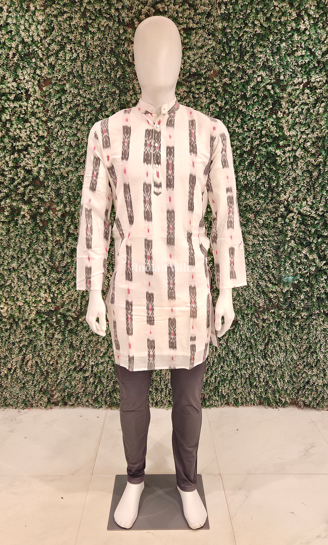 White Floral Odisha Ikat Cotton Kurta for Men 