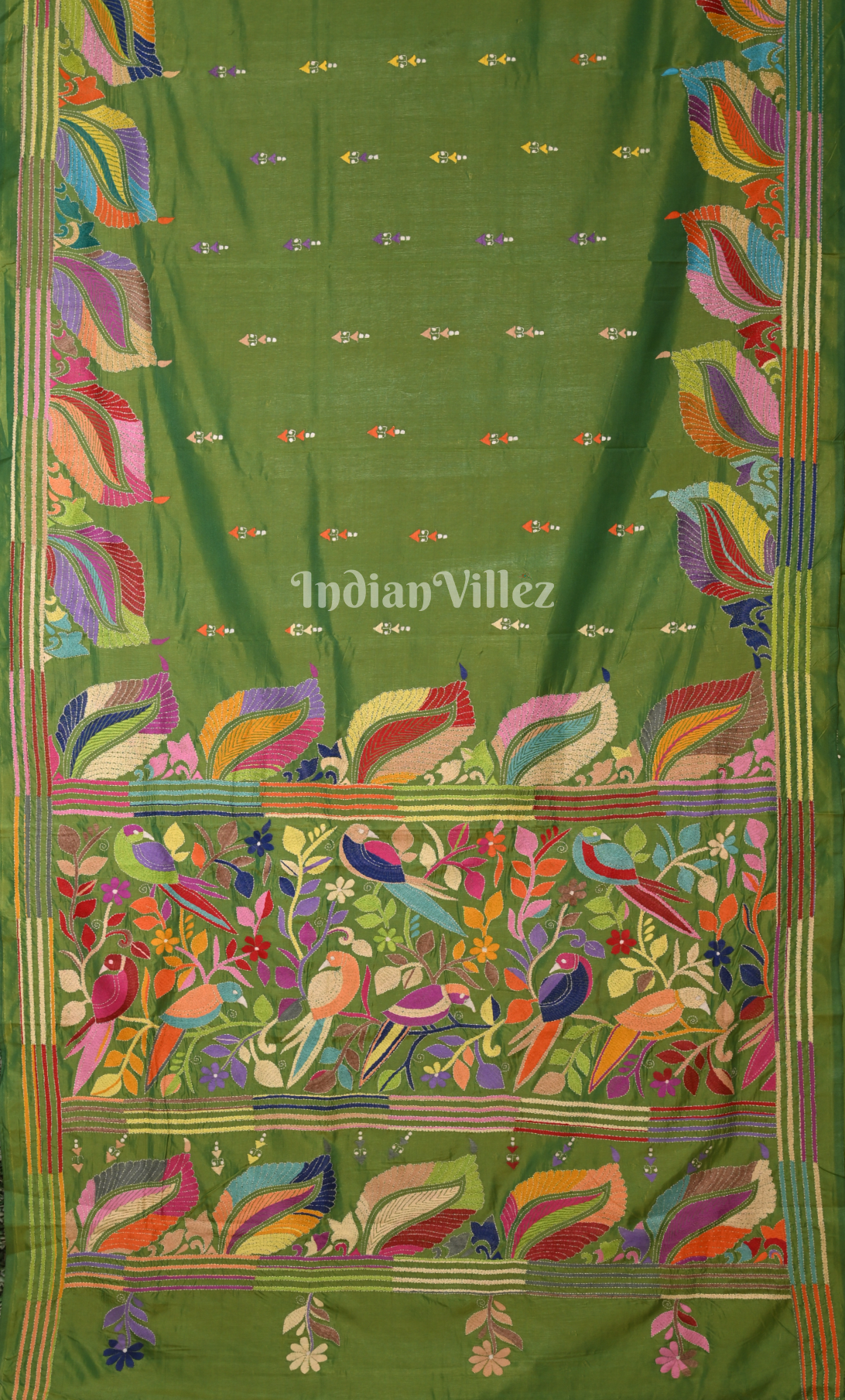 Mehendi Green Handwoven Kantha Stitch Silk Saree 