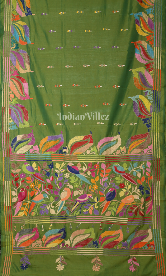 Mehendi Green Handwoven Kantha Stitch Silk Saree 