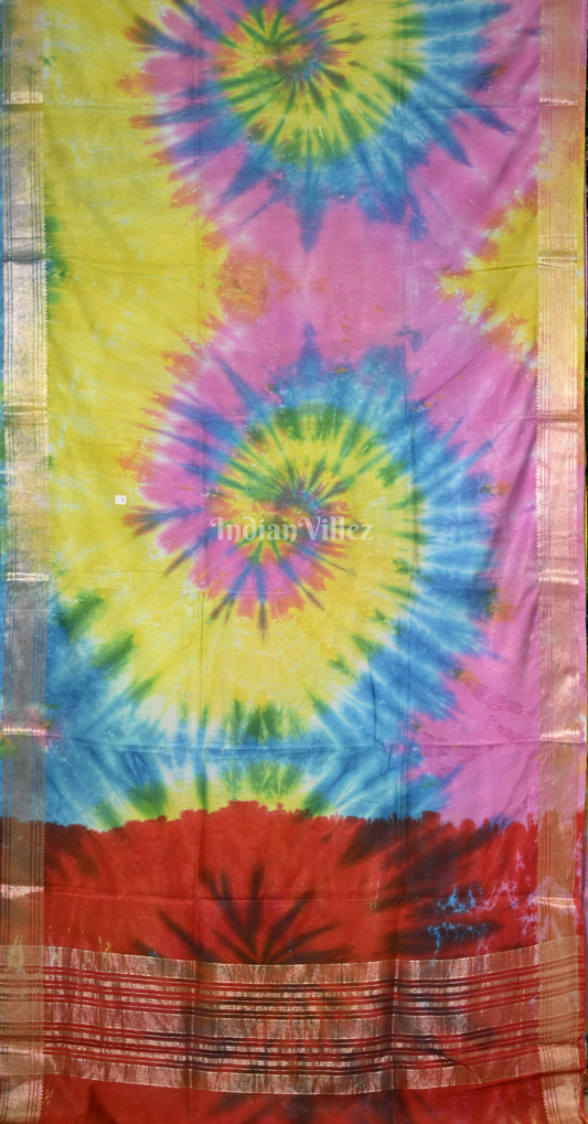 Yellow with Multicolour Tie & Dye Shibori Block Print Cotton Saree 