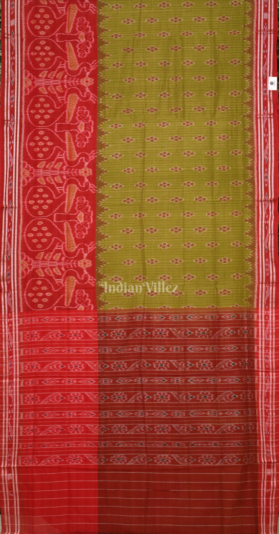 Mehendi Green Maroon Peacock Scott Odisha Ikat Maniabandha Cotton Saree