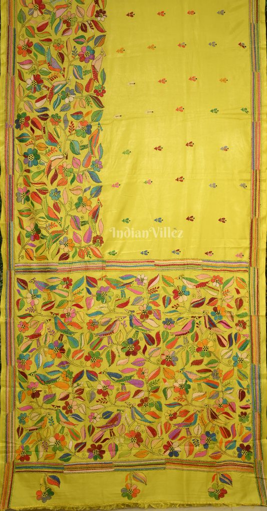Light Yellow Flower Motif Handwoven Kantha Stitch Silk Saree 
