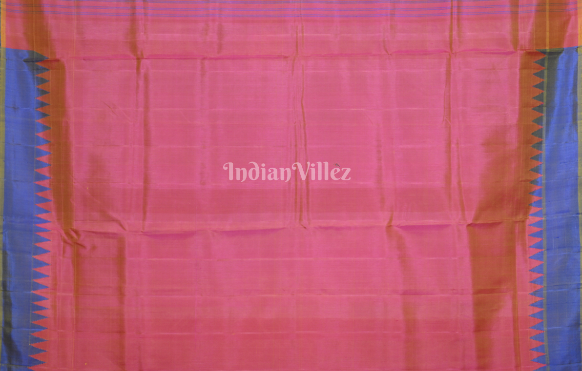 Pink Blue Fish Motif Double Pallu Berhampuri Silk Saree