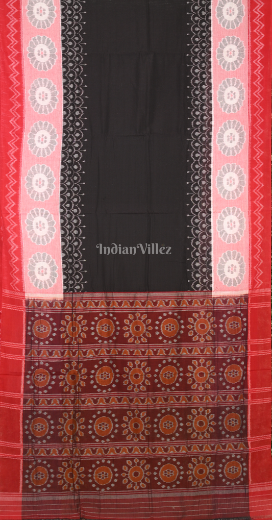 Black Red  Flower Scot Odisha Ikat Sambalpuri Cotton Saree