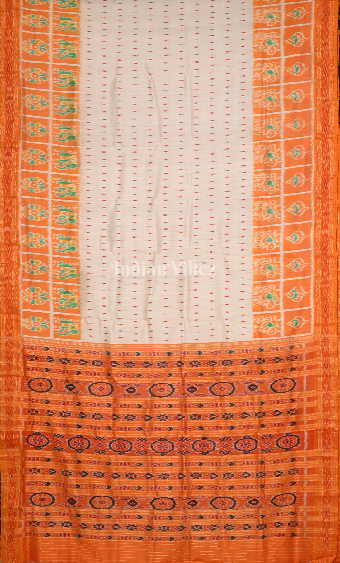 White Orange Dot Half Nabakothi Border Odisha Ikat Khandua Silk Saree 