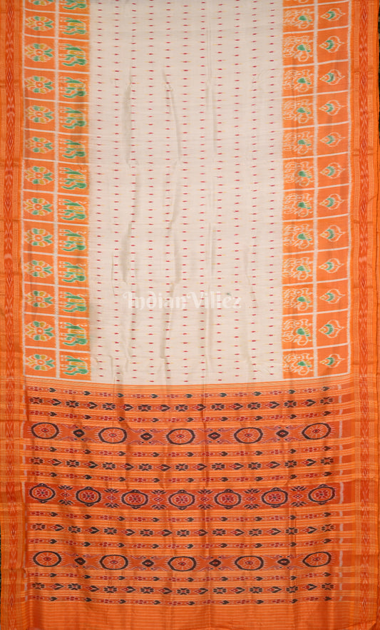 White Orange Dot Half Nabakothi Border Odisha Ikat Khandua Silk Saree 