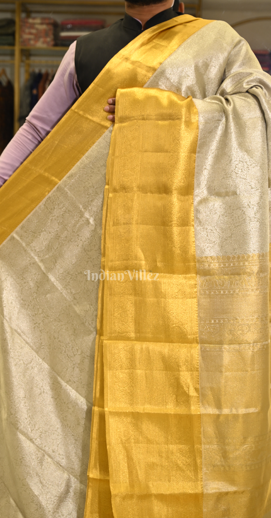 Beige Yellow Dual Tone Pure Kanjivaram Tissue Silk Sare