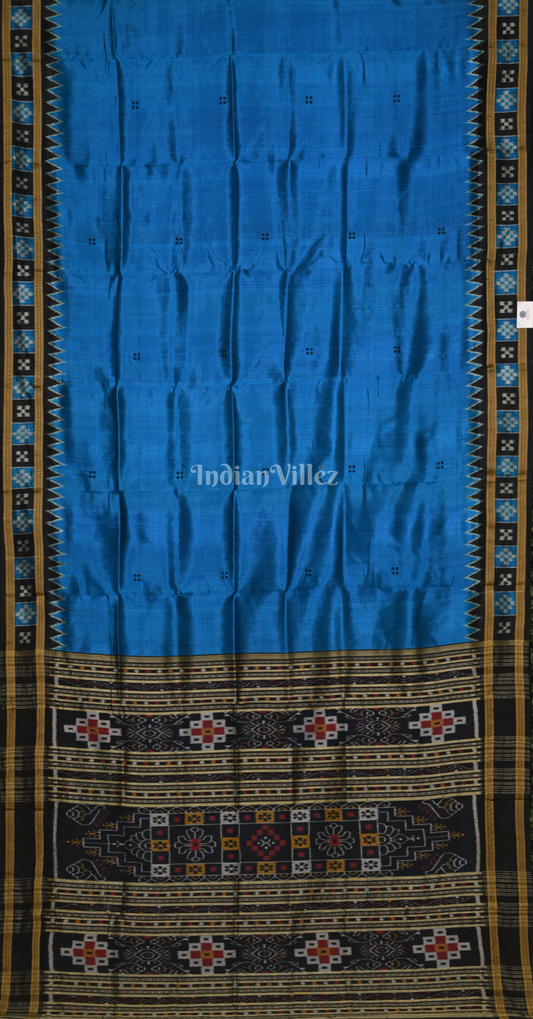  Blue Black Buti Design Pasapali Border Odisha Ikat Khandua Silk Saree 