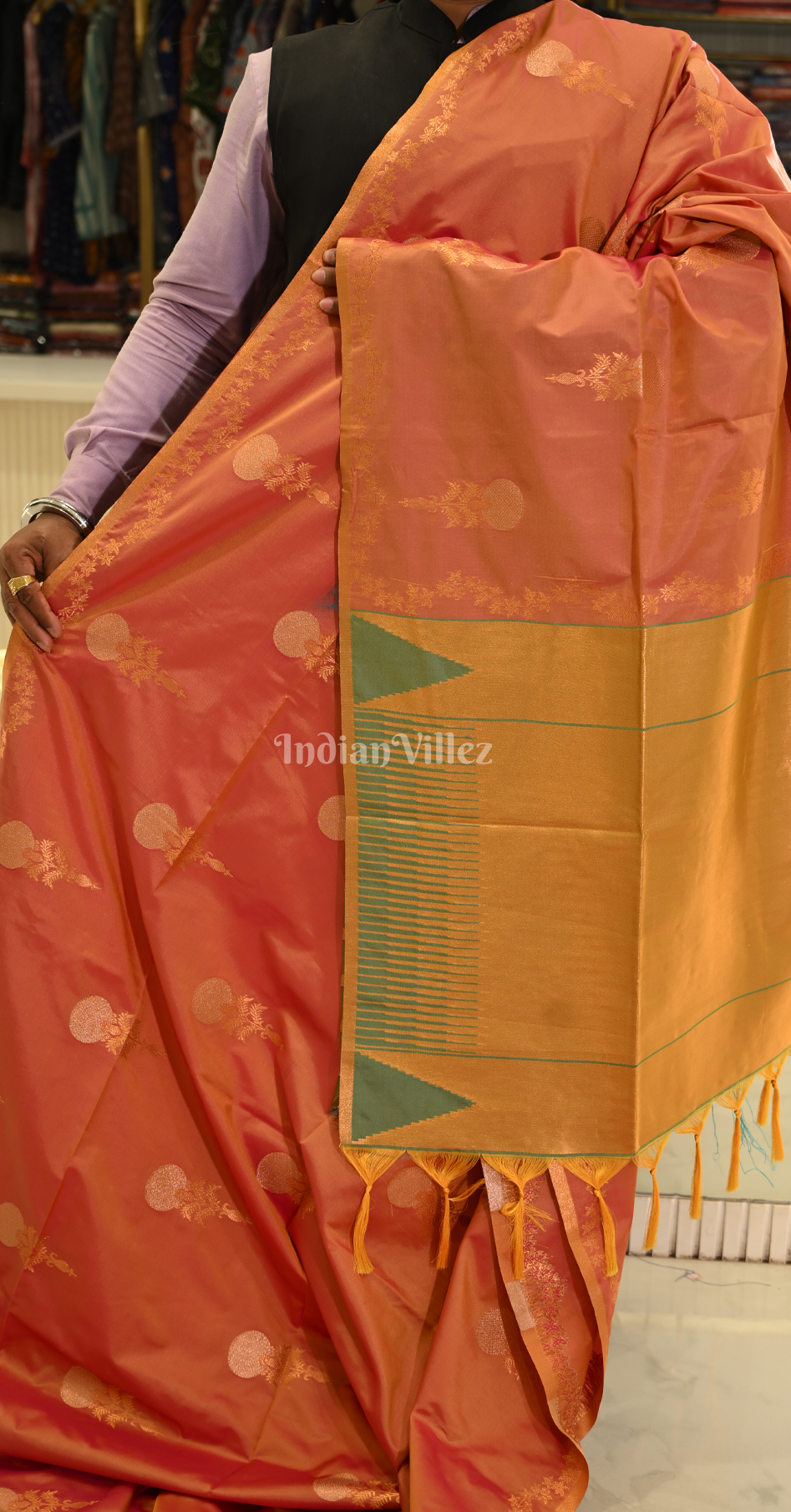 Rust Orange Gold Designer Two Tone Silk Saree With Zari Work 