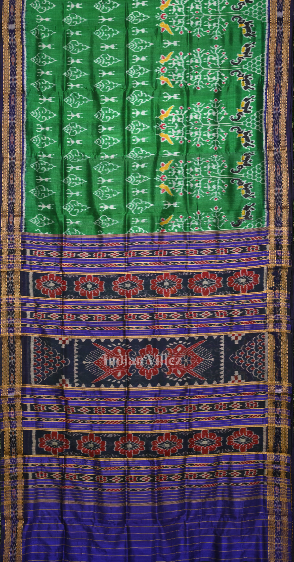 Green Blue Sanklha Tribal Motif Odisha Ikat Khandua Silk Saree 