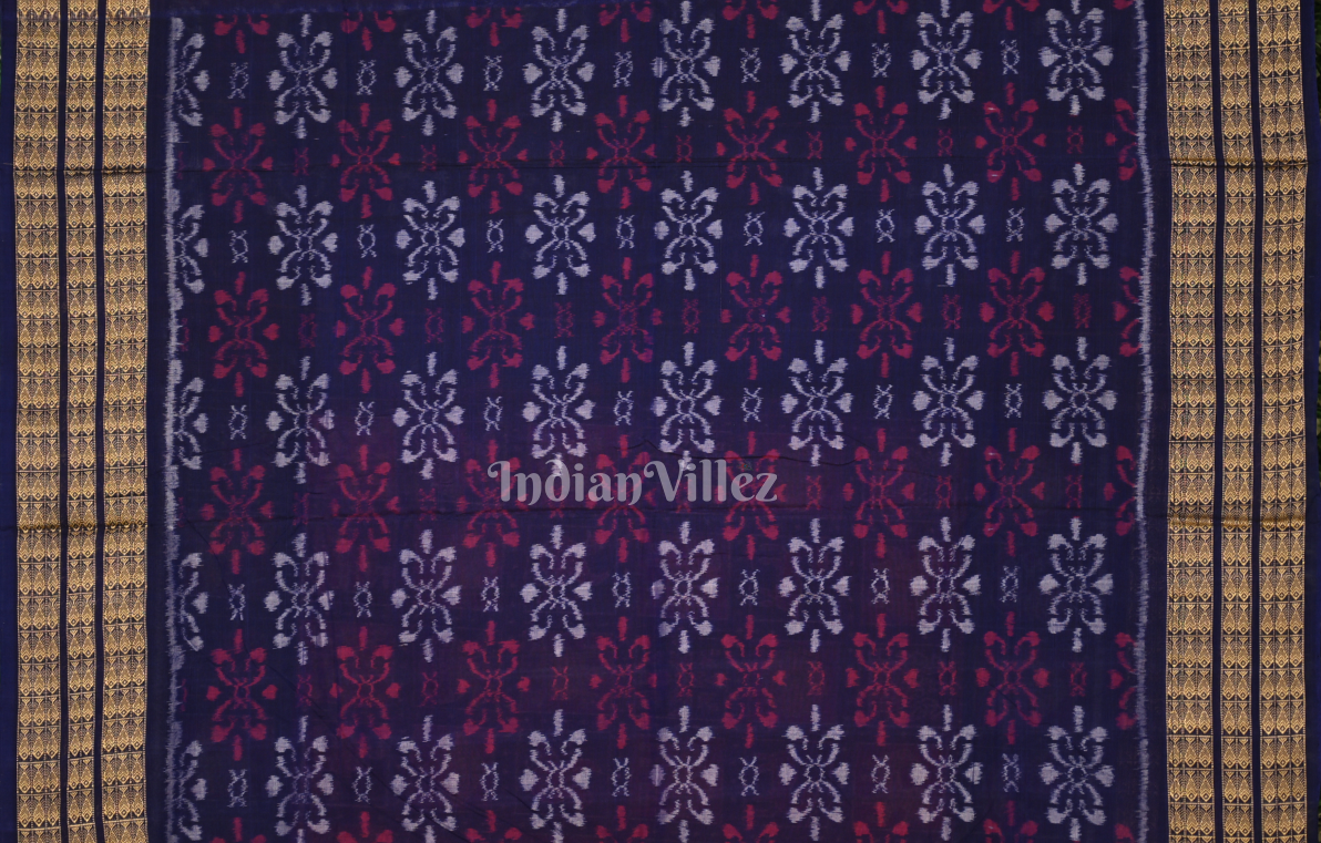 Peach Red Navy Blue Nabakothi Odisha Ikat Sambalpuri Cotton Saree 
