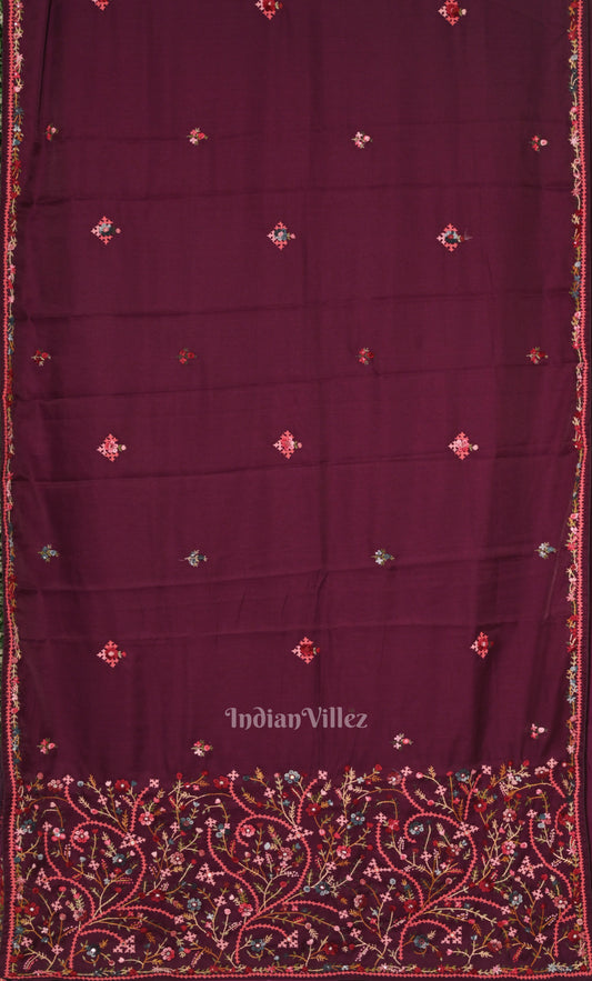 Purple Tusasr Silk Saree with Floral Hand Embroidery Work