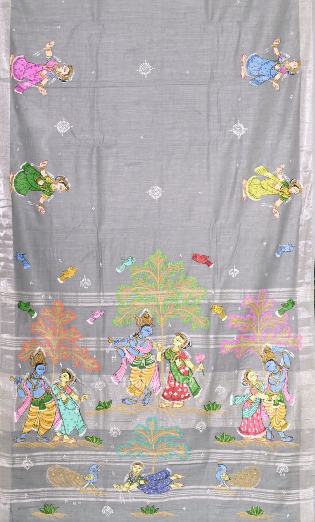 Grey Radha Krishna Raasleela Hand-Painted Pattachitra Saree 