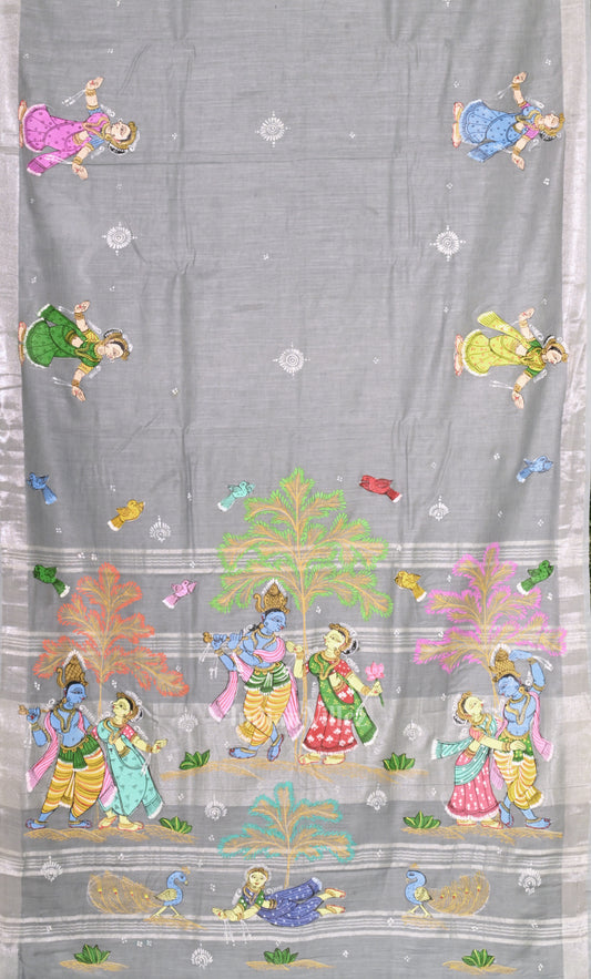 Grey Radha Krishna Raasleela Hand-Painted Pattachitra Saree 