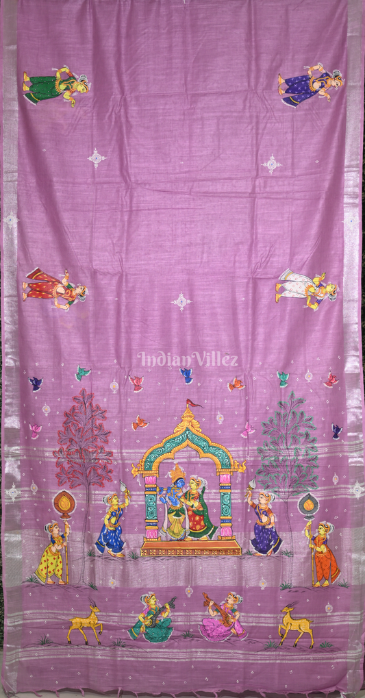 || राधाकृष्ण ||Baby Pink Radha Krishna Hand-Painted Pattachitra Saree