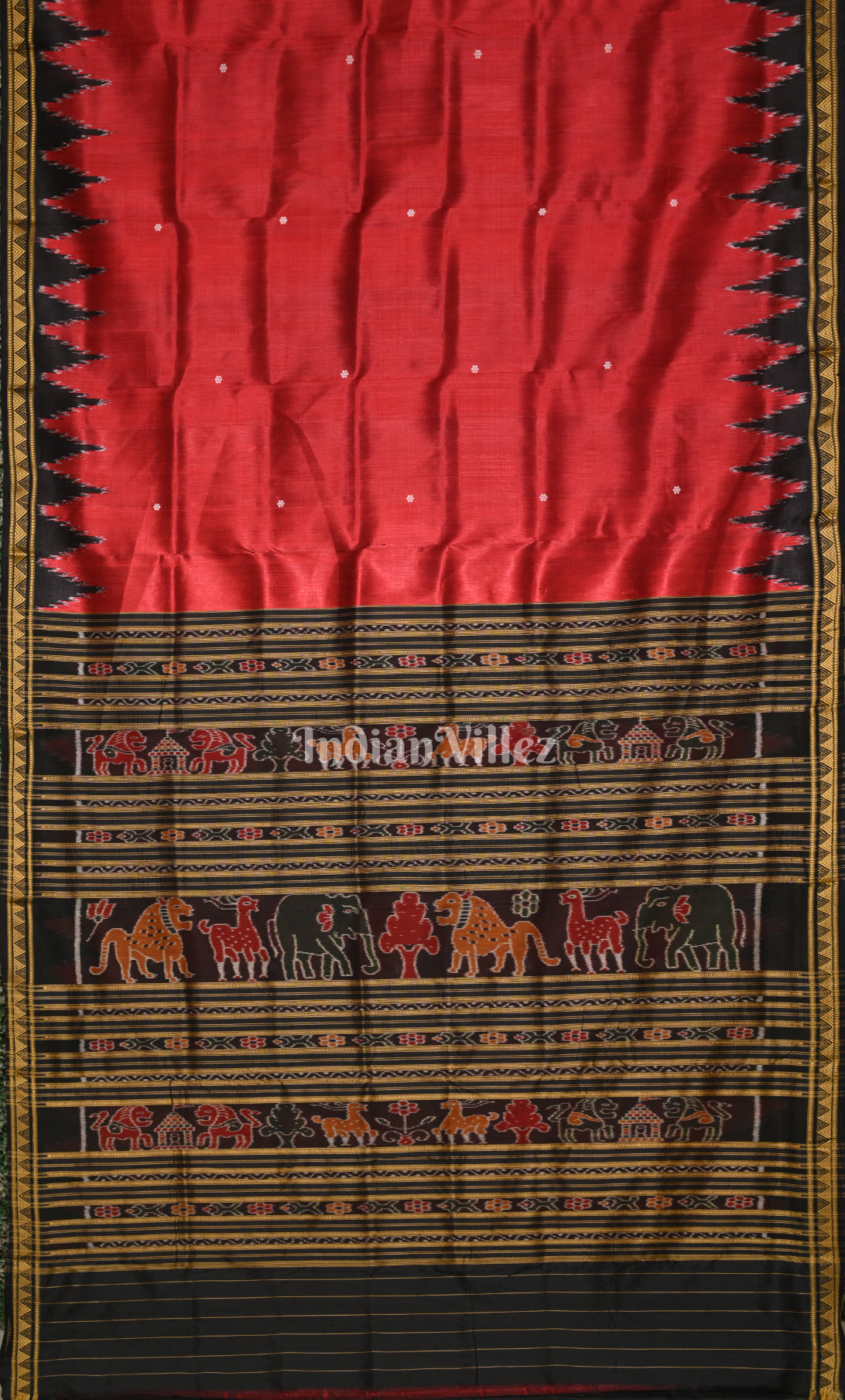 Red Black Buti Design Odisha Ikat Khandua Silk Saree with Blouse Piece