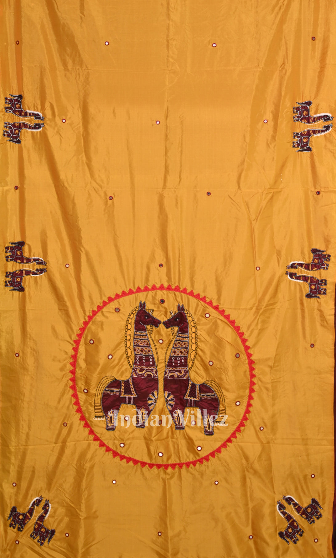 Mustard Yellow Maroon Applique Work Hand Embroidered Saree 