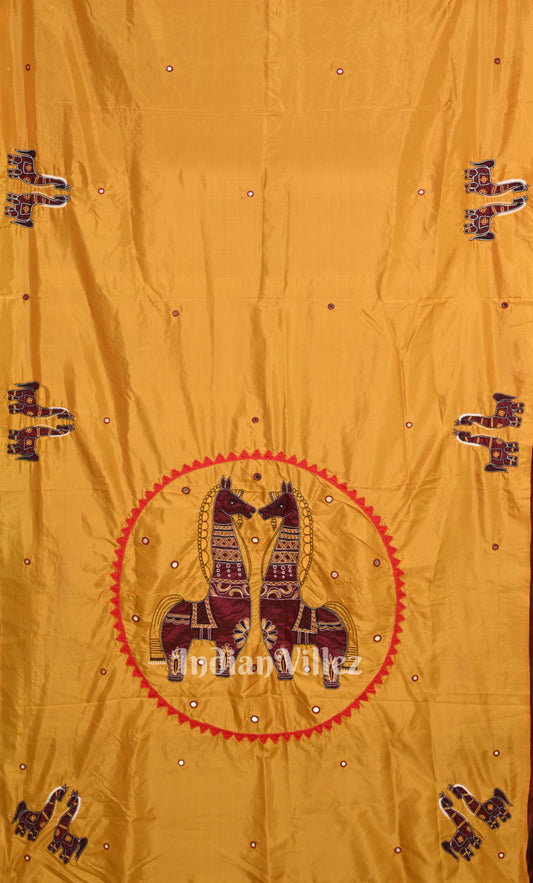 Mustard Yellow Maroon Applique Work Hand Embroidered Saree 