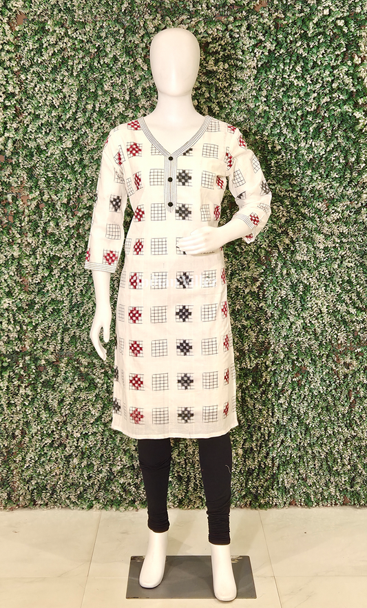White Black Pasapali Odisha Ikat Designer Cotton Kurti for Women 