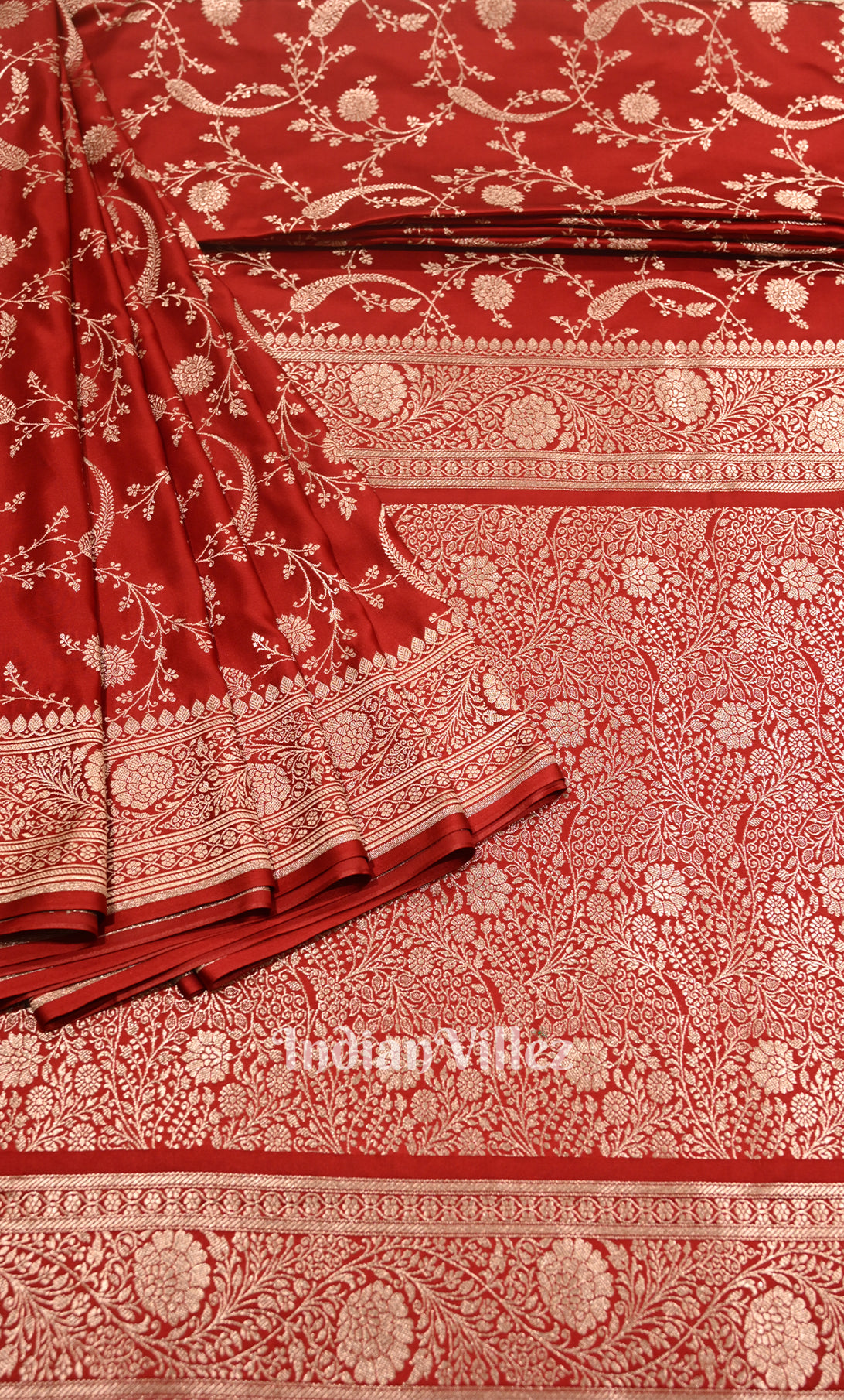 Bright Red Mashru Satin Silk Banarasi Saree With Jaal Pattern