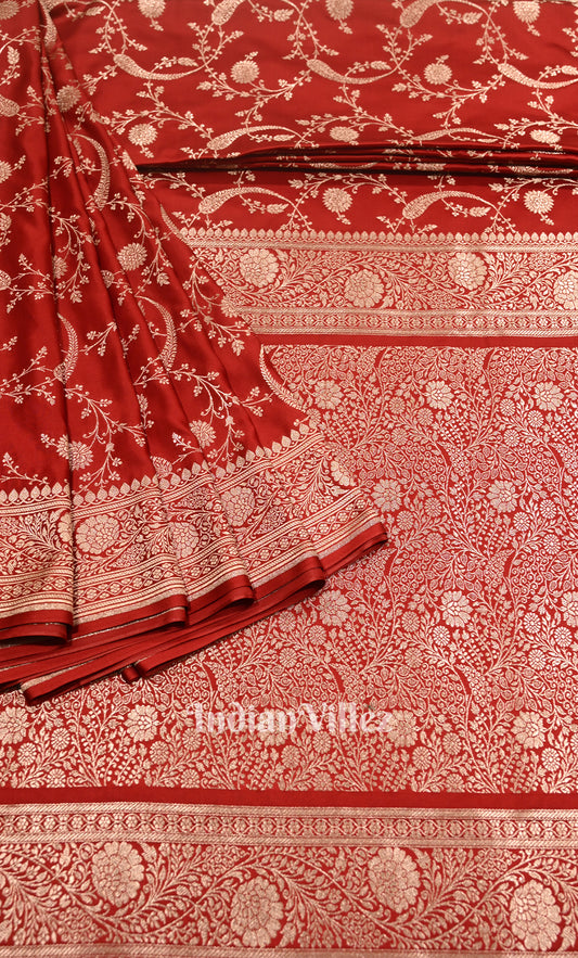 Bright Red Mashru Satin Silk Banarasi Saree With Jaal Pattern