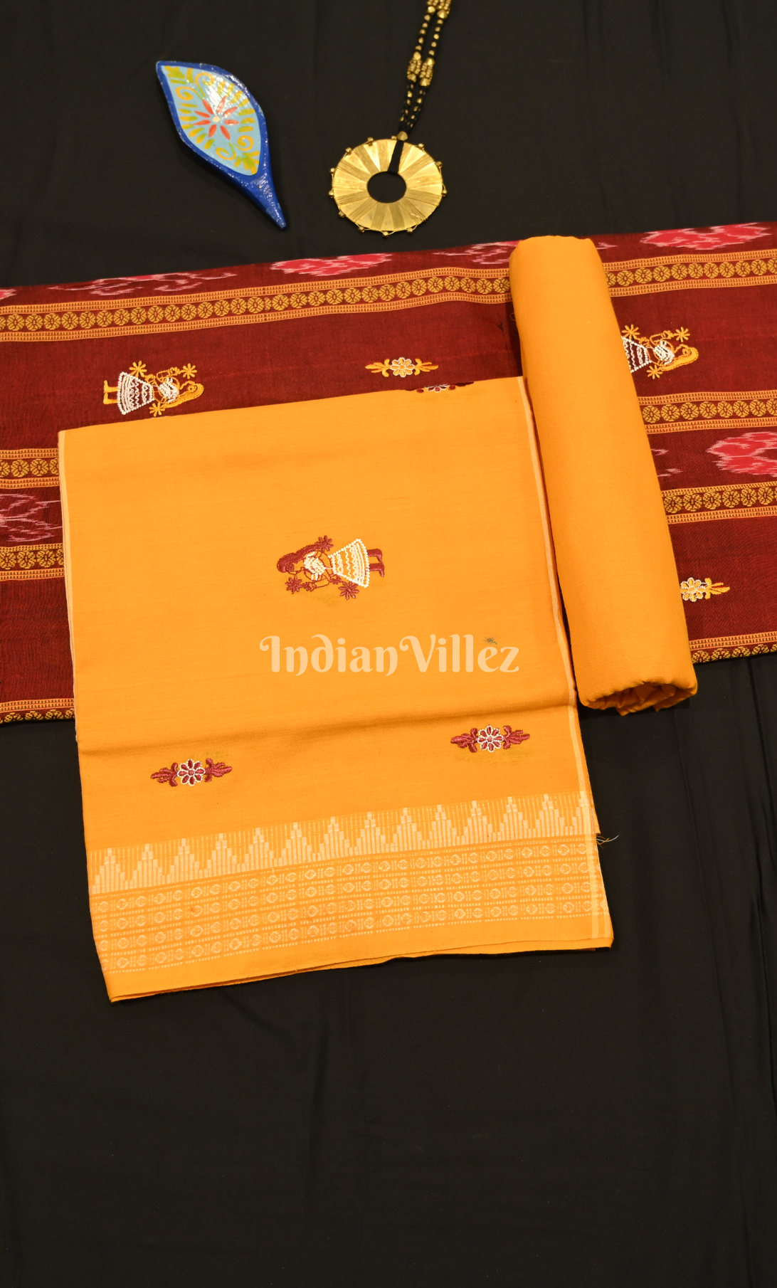Maroon Yellow Doll Odisha Ikat Sambalpuri Cotton Dress set with Dupatta 