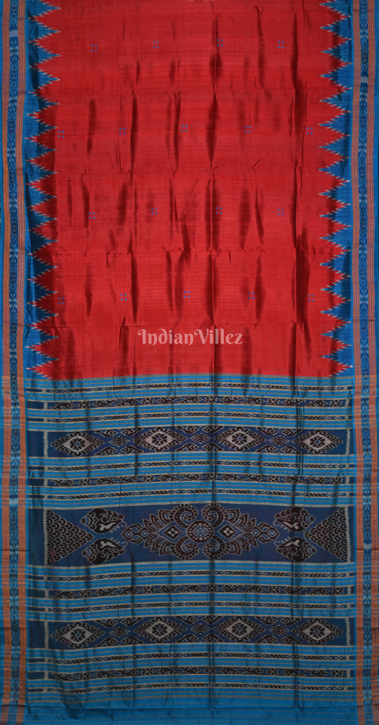 Maroon Sky Blue Buti Design Odisha Ikat Khandua Silk Saree 