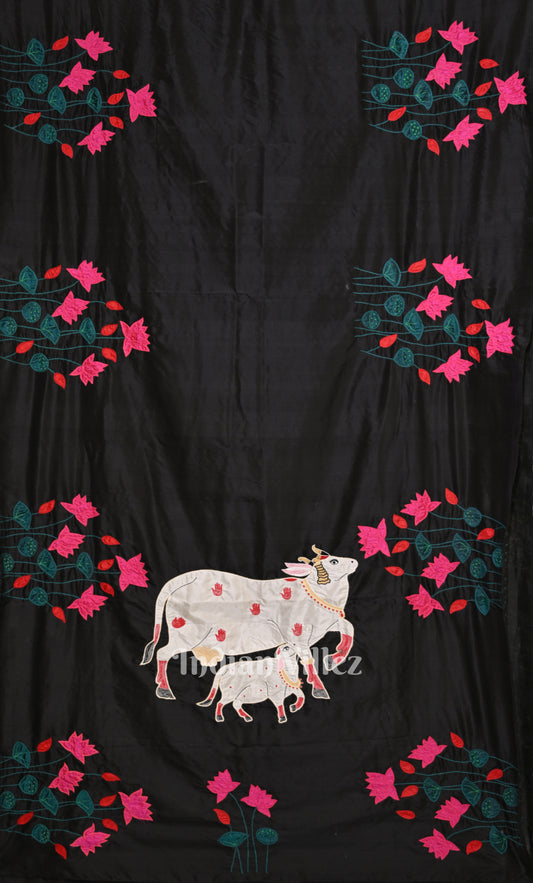 Black Pink Pichwai Art Hand Embroidered  AppliqueSaree