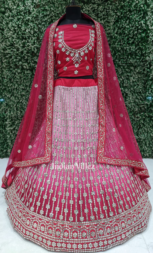 Bridal wear Red Pink Raw Silk Lehenga Choli with  Dupatta 