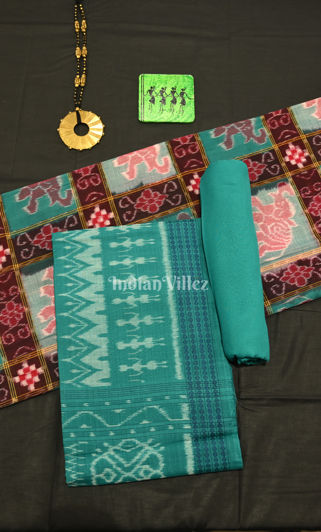 Coffee Green Elephant Theme Odisha Ikat Sambalpuri Dress Set & Dupatta 