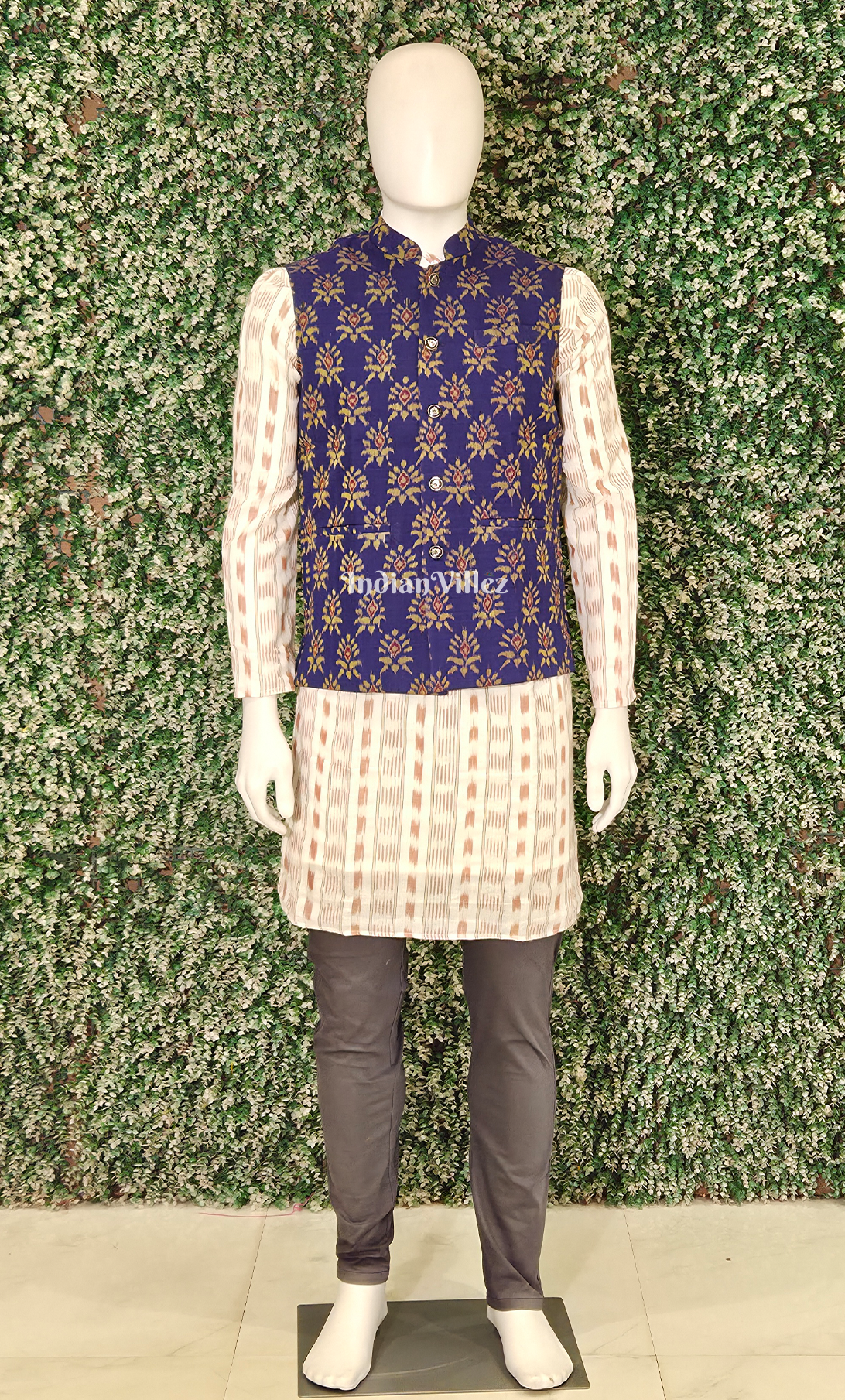  Royal Blue Floral Motif Odisha Ikat Half Bandi Jacket for Men 
