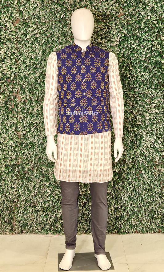  Royal Blue Floral Motif Odisha Ikat Half Bandi Jacket for Men 