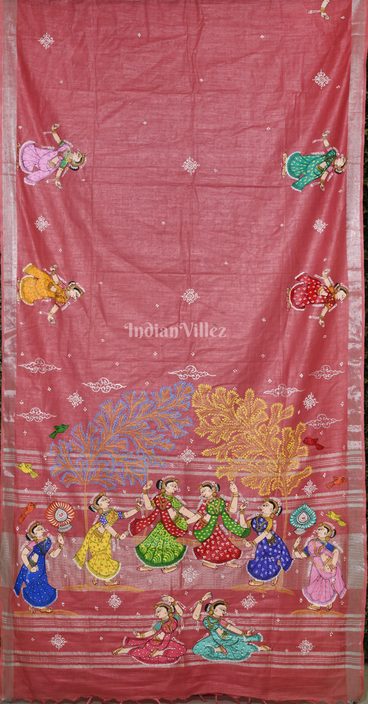 Red Raja Doli Theme  Hand-Painted Pattachitra Saree (Linen) 
