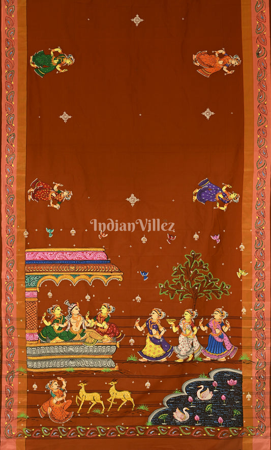 Light Brown Krishna Raasleela Hand-Painted Pattachitra Saree
