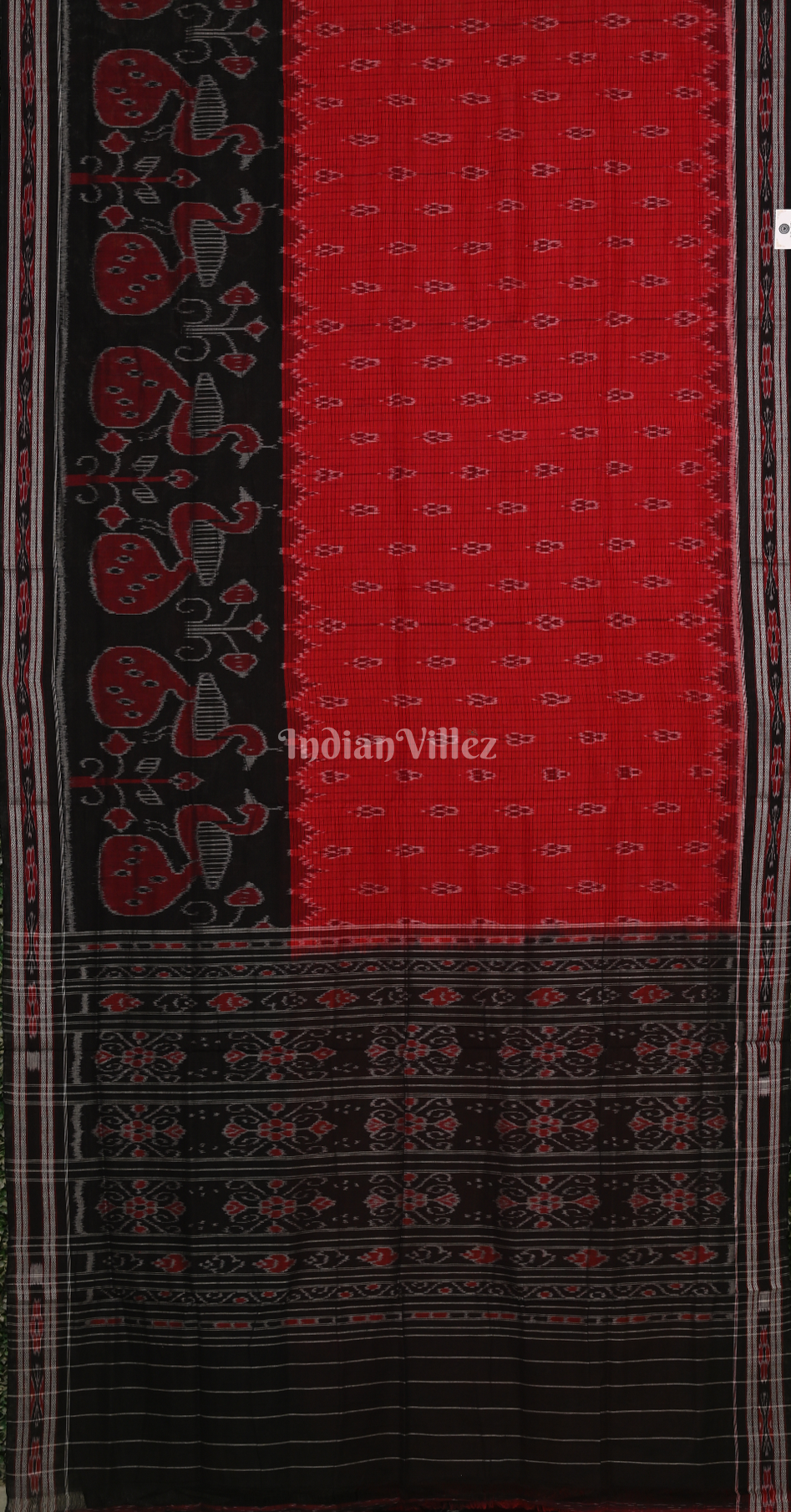 Red Black Peacock Scott Odisha Ikat Maniabandha Cotton Saree 