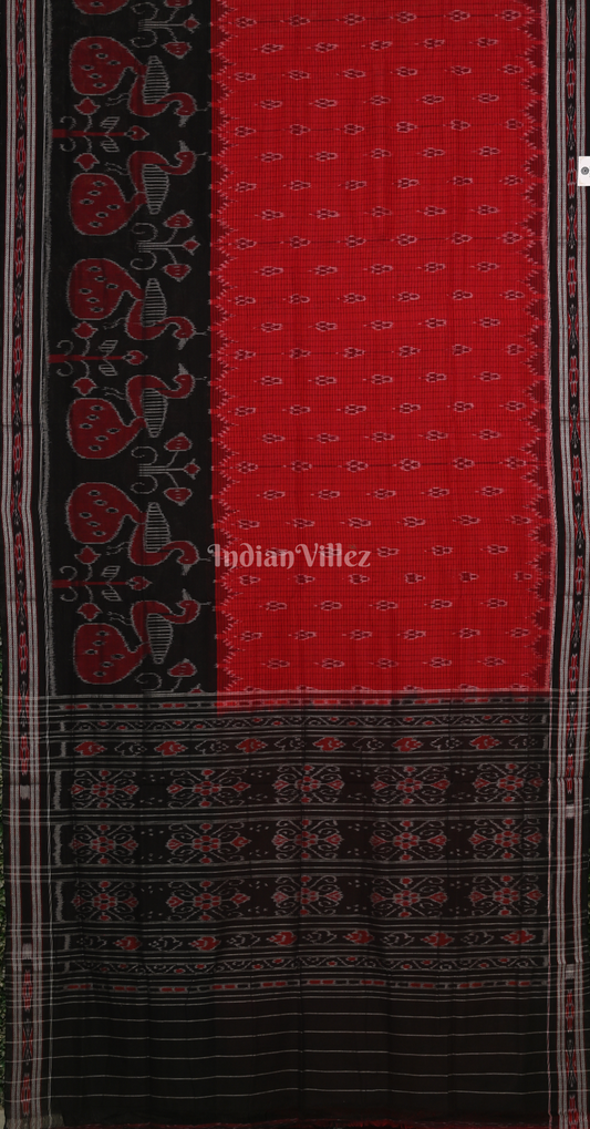 Red Black Peacock Scott Odisha Ikat Maniabandha Cotton Saree 