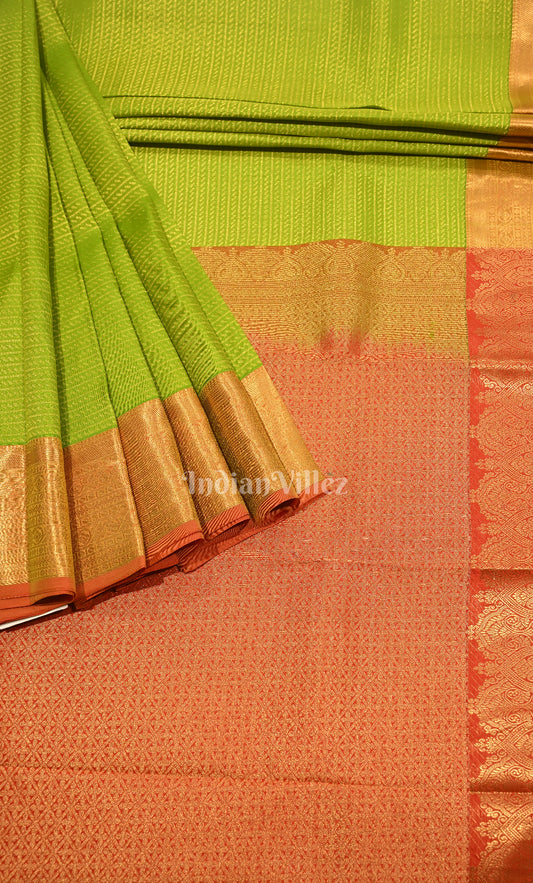 Parrot Green Red Brocade Pure Kanjivaram Silk Saree