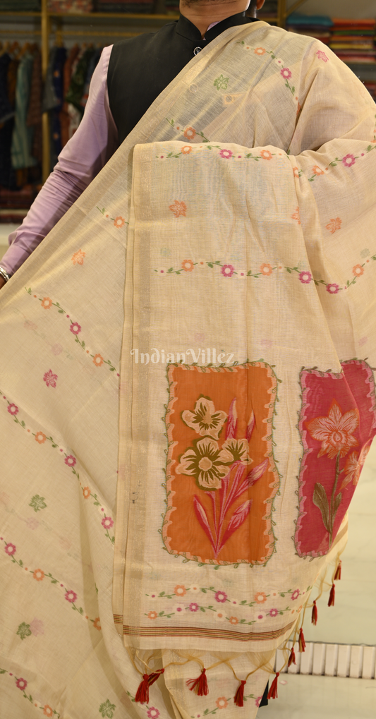 Cream Munga Cotton Saree with Floral Weaving Pallu