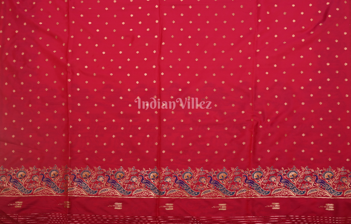 Dark Red Peacock Design Pure Mashru Satin Silk Banarasi Saree