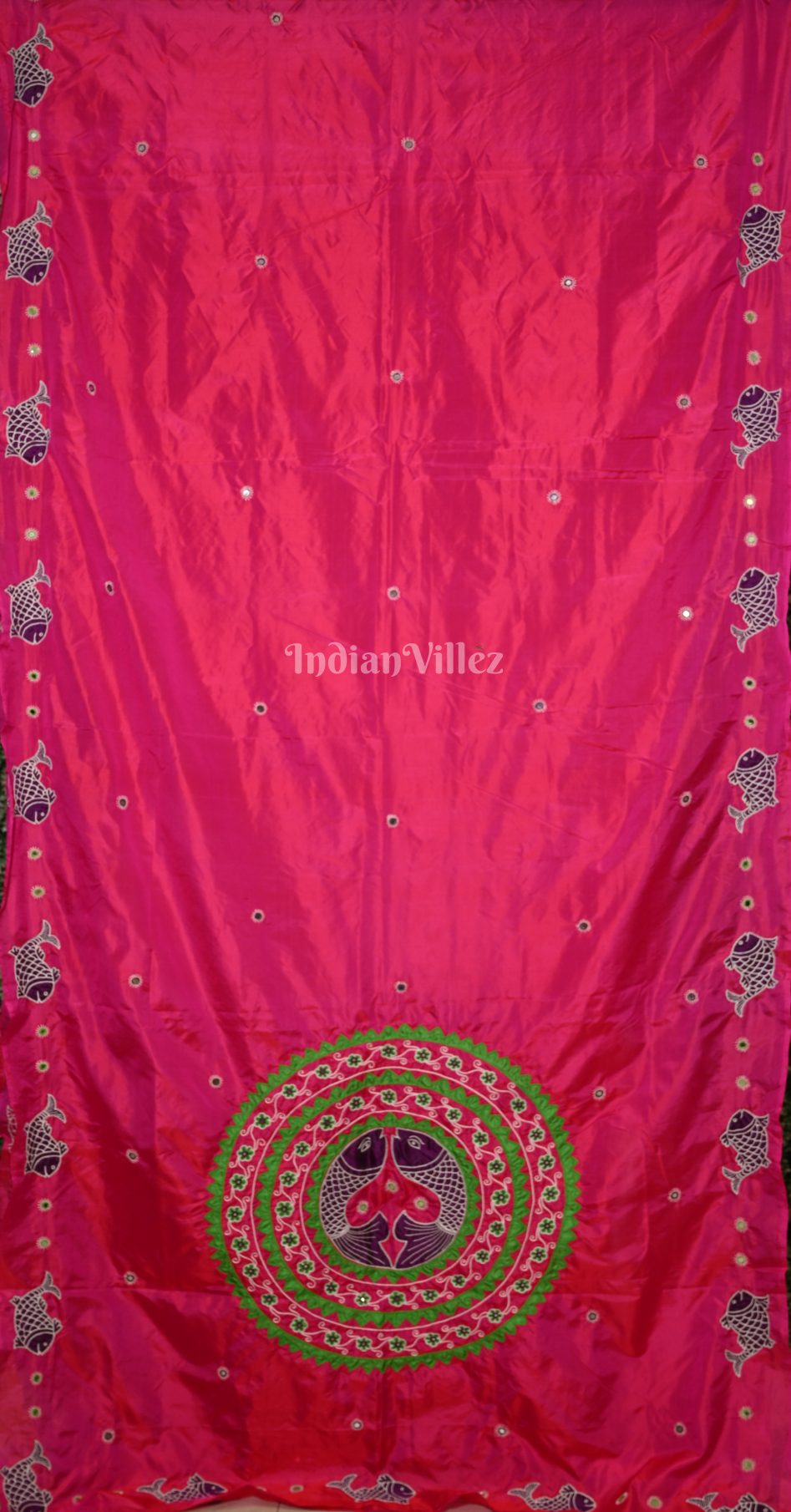 Rani Pink Green Hand Embroidered Applique Work Saree 