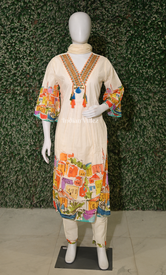 White Cityspace Printed Peplum Cotton Kurta  Pant with Dupatta Set