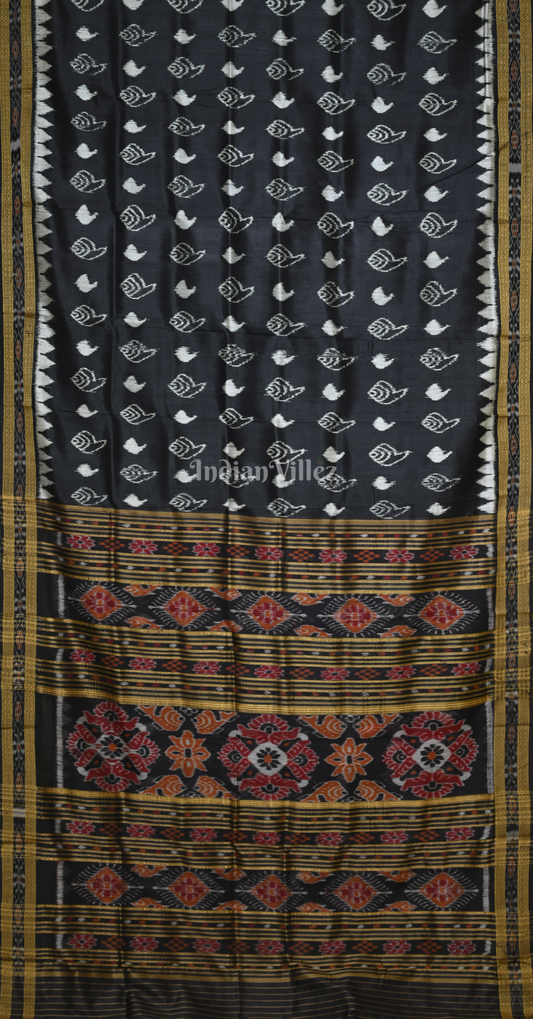 Black White Sankha Motif Odisha Ikat Khandua Silk Saree