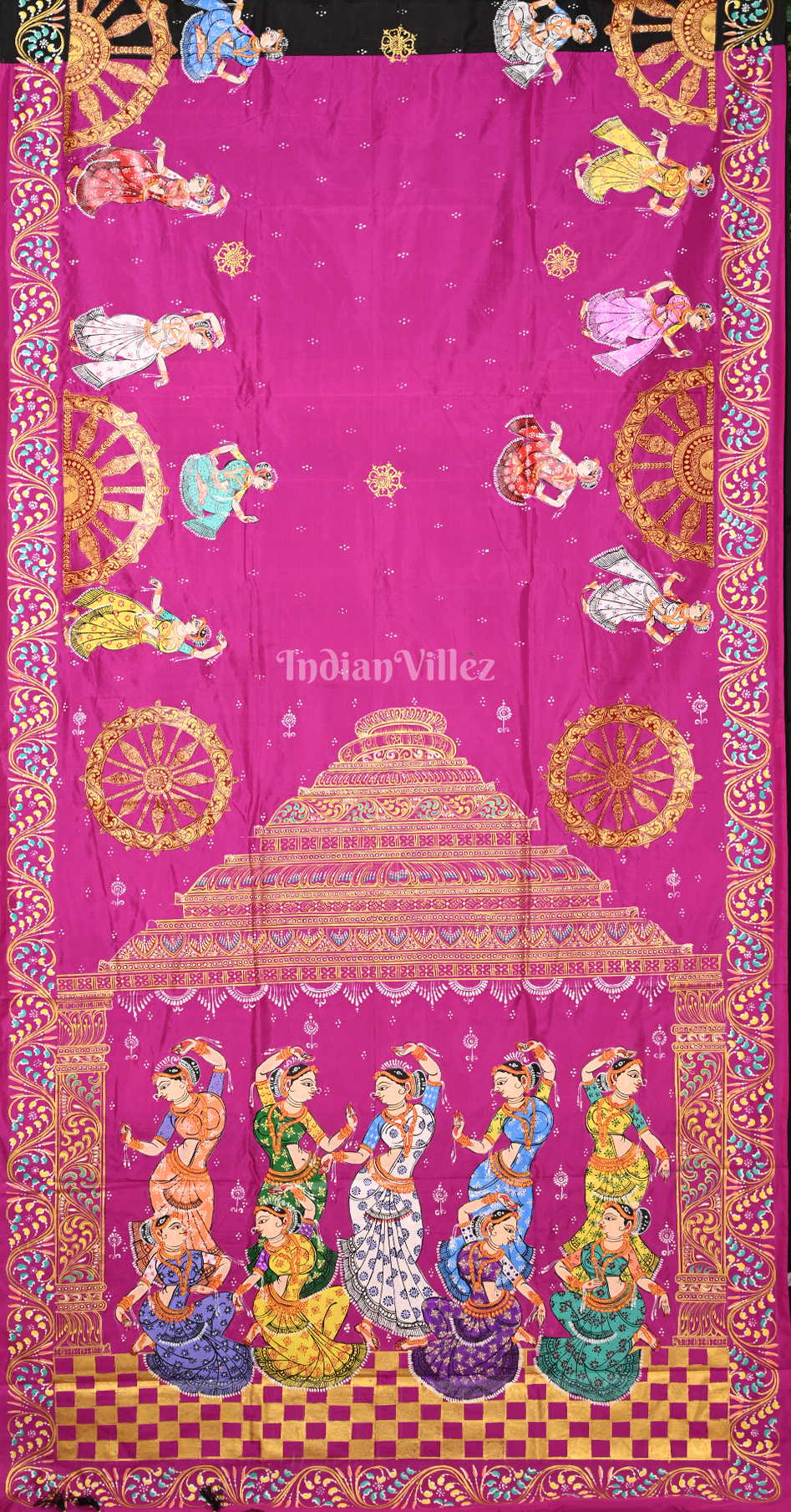 Rani Pink Black Nartaki Konark Temple Hand-Painted Pattachitra Saree 