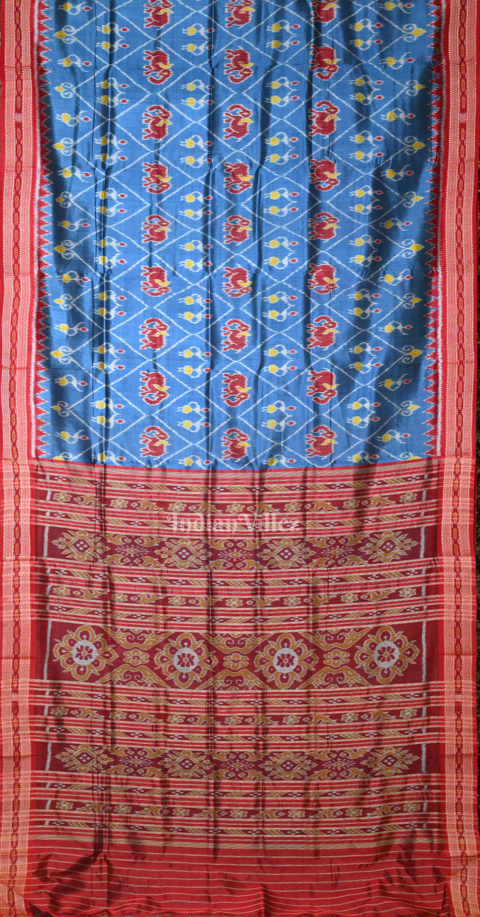 Cyan Blue Maroon Tribal Motif Odisha Ikat Khandua Silk Saree