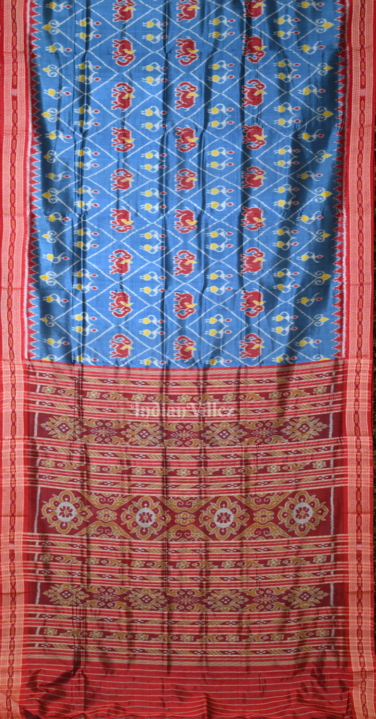 Cyan Blue Maroon Tribal Motif Odisha Ikat Khandua Silk Saree