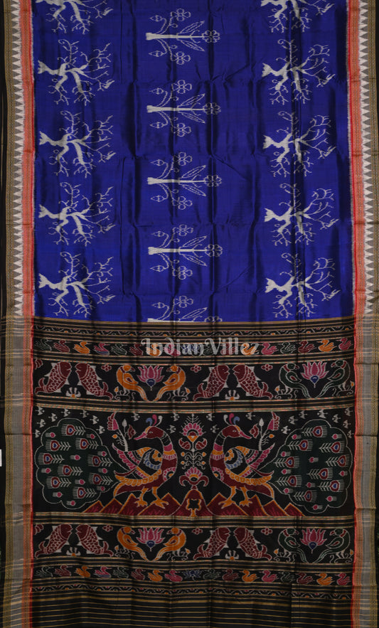 Royal Blue Black Flower Motif Odisha Ikat Khandua Silk Saree 