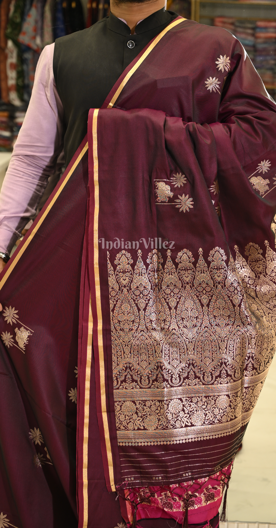 Wine Floral Mashru Satin Banarasi Silk Saree with Pichwai Motif