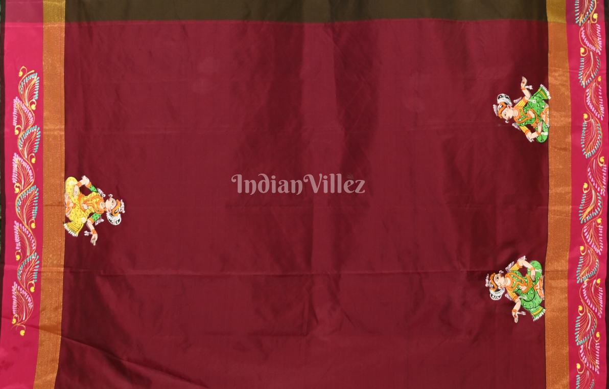 Moss Green Maroon Krishna Raas Hand-Painted Pattachitra Saree 